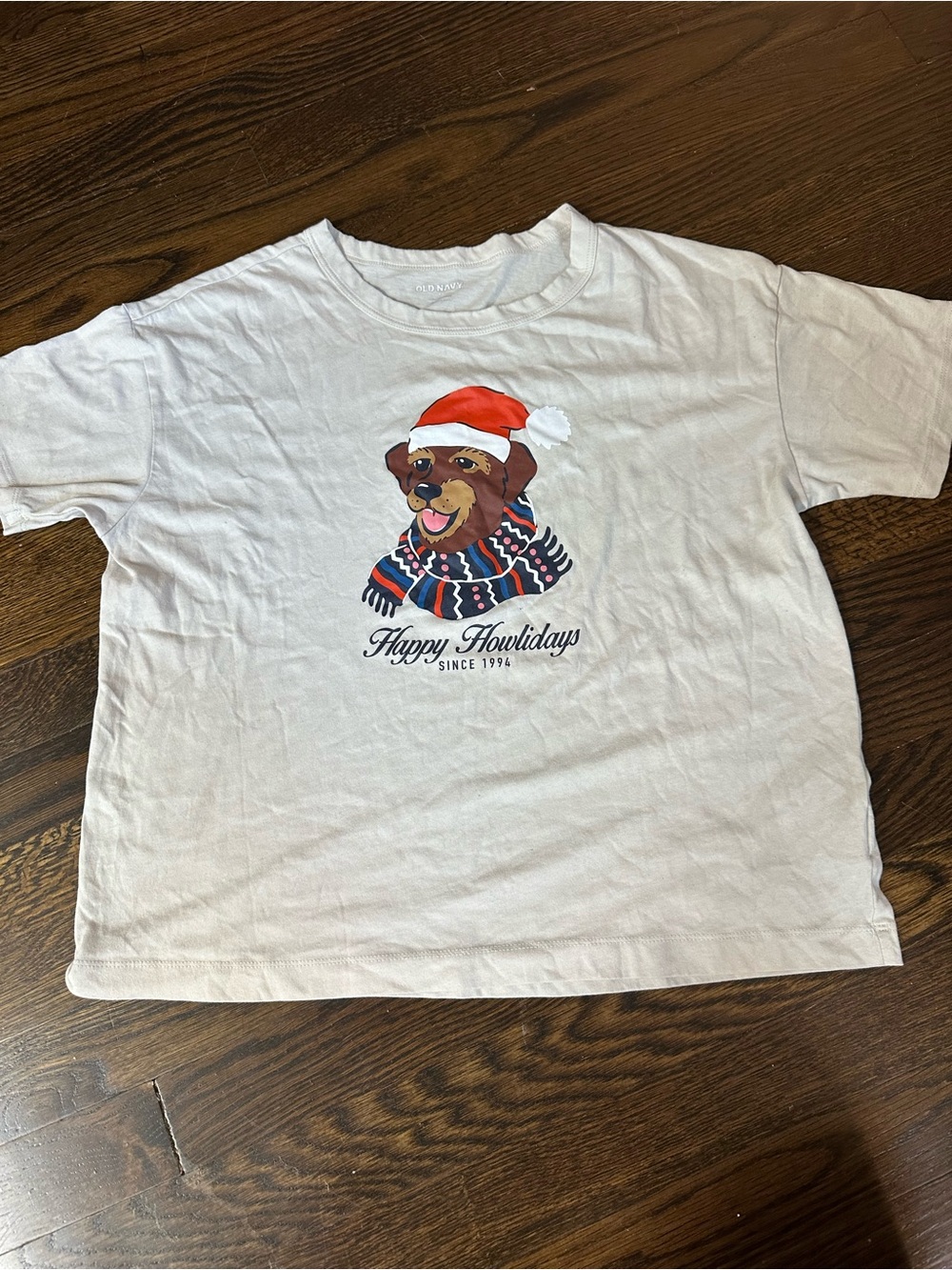 Old Navy White Holiday Short Sleeve Tee with Dog in Red Santa Hat